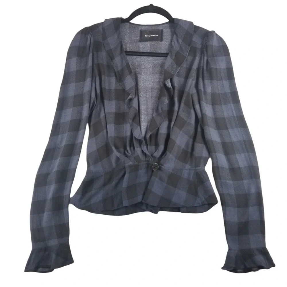 Reformation Lee Wrap Ruffle Top Blouse in Loire Plaid